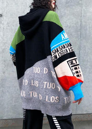 Cute winter patchwork prints knitwear plus size hooded knitted t shirt - SooLinen