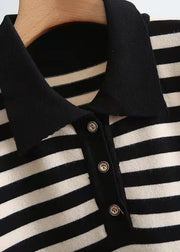 Süßer schwarz gestreifter Pullover Strickoberteil Muster Upcycle POLO Kragen übergroße Winterstrickwaren