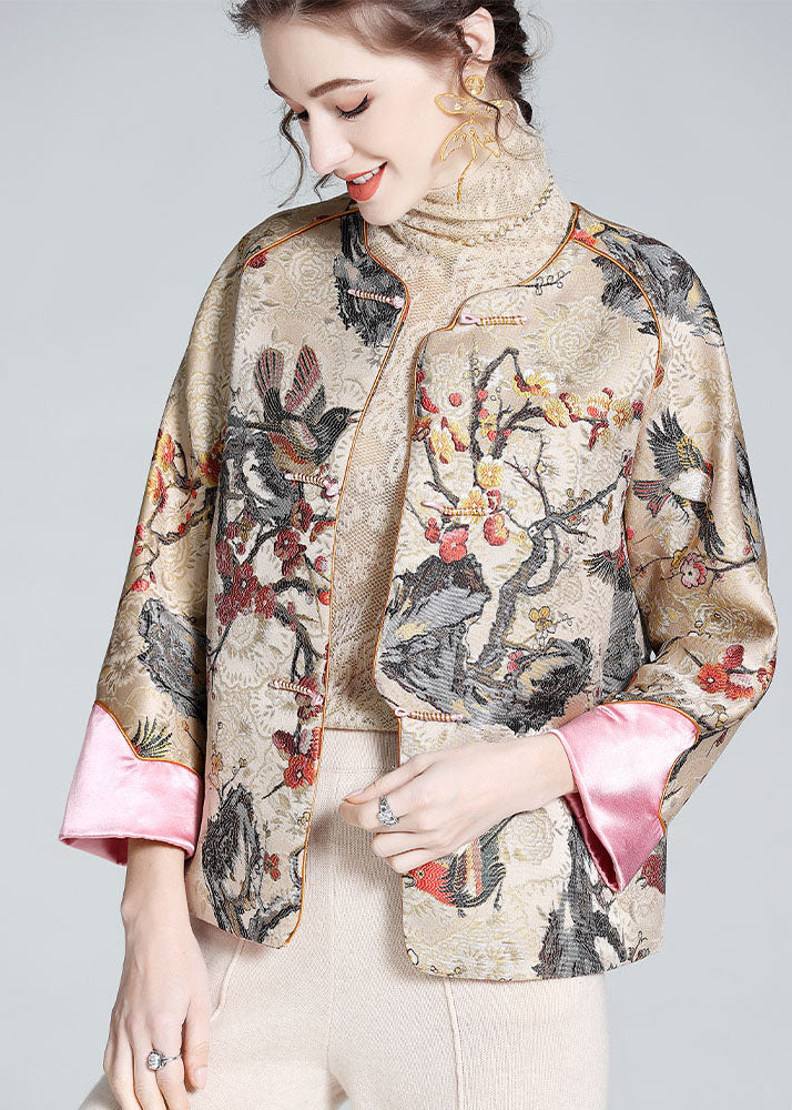 DIY Apricot O-Neck Embroidered Patchwork Chinese Button Silk Coats Spring
