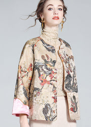 DIY Apricot O-Neck Embroidered Patchwork Chinese Button Silk Coats Spring