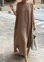 DIY Apricot O-Neck Linen Long Dresses Summer