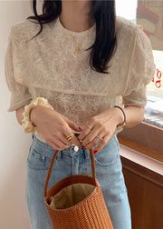 DIY Apricot Sailor Collar Embroidered Cotton Blouse Top Puff Sleeve