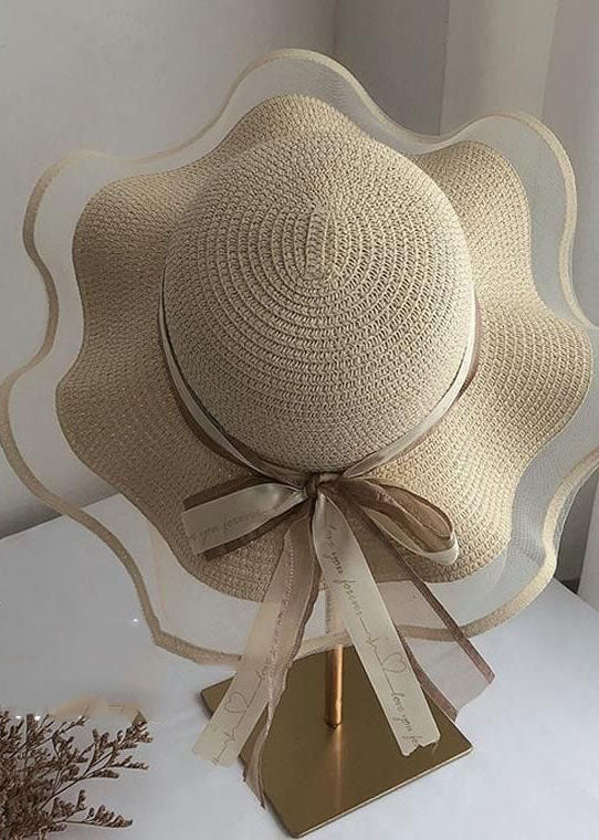 DIY Beige Bow Straw Woven Beach Holiday Floppy Sun Hat