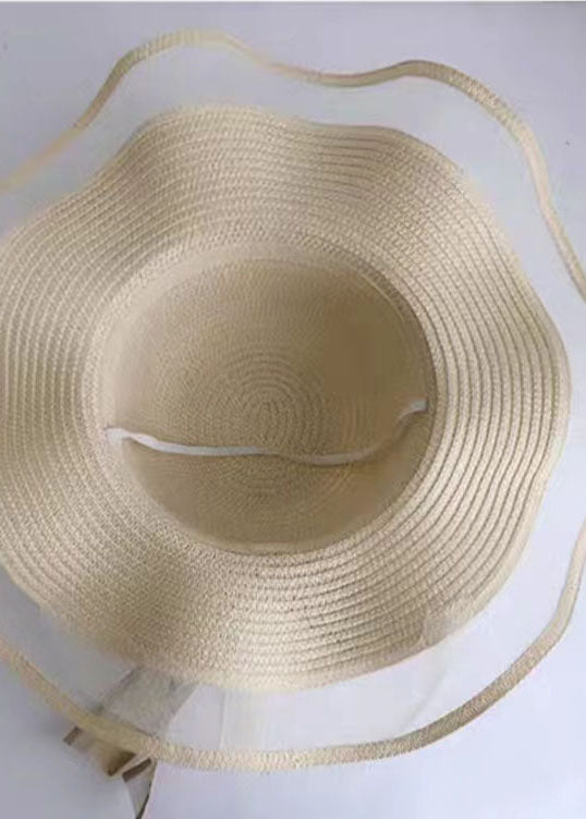 DIY Beige Bow Straw Woven Beach Holiday Floppy Sun Hat