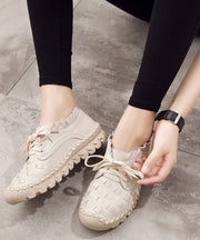 DIY Beige Cowhide Leather Flat Shoes For Knit Fabric Lace Up Flat Shoes