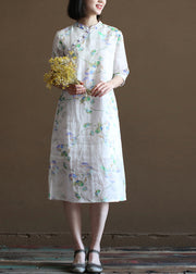DIY Cheongsam-Kleid mit halben Ärmeln aus beigefarbenem Leinen mit Stehkragen und Knopfleiste