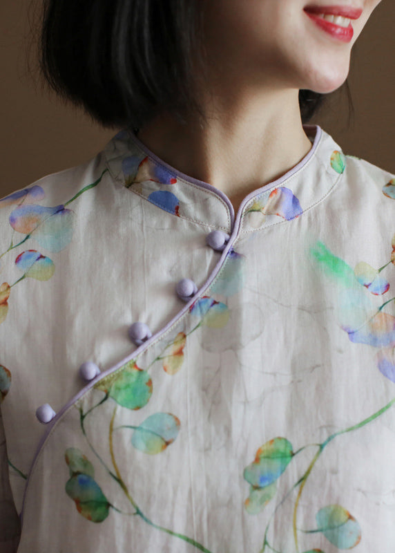 DIY Beige Stand Collar Print Button Linen Cheongsam Dress Half Sleeve