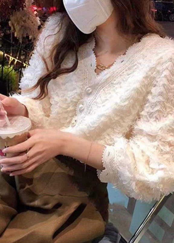 DIY Beige V Neck Pearl Button Fluffy Lace Patchwork Chiffon Shirts Long Sleeve