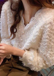 DIY Beige V Neck Pearl Button Fluffy Lace Patchwork Chiffon Shirts Long Sleeve