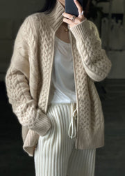 DIY Beige Zip Up Casual Woolen Knitted Tops Coat Winters
