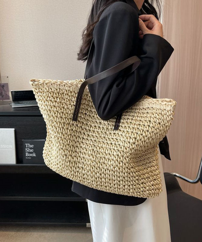 DIY Beige Zip Up Patchwork Straw Woven Satchel Bag Handbag