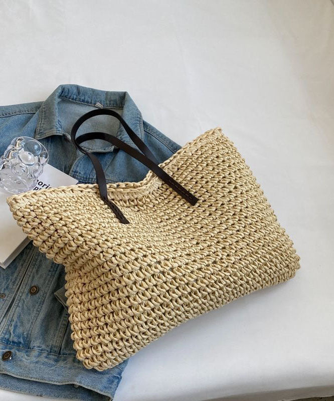 DIY Beige Zip Up Patchwork Straw Woven Satchel Bag Handbag