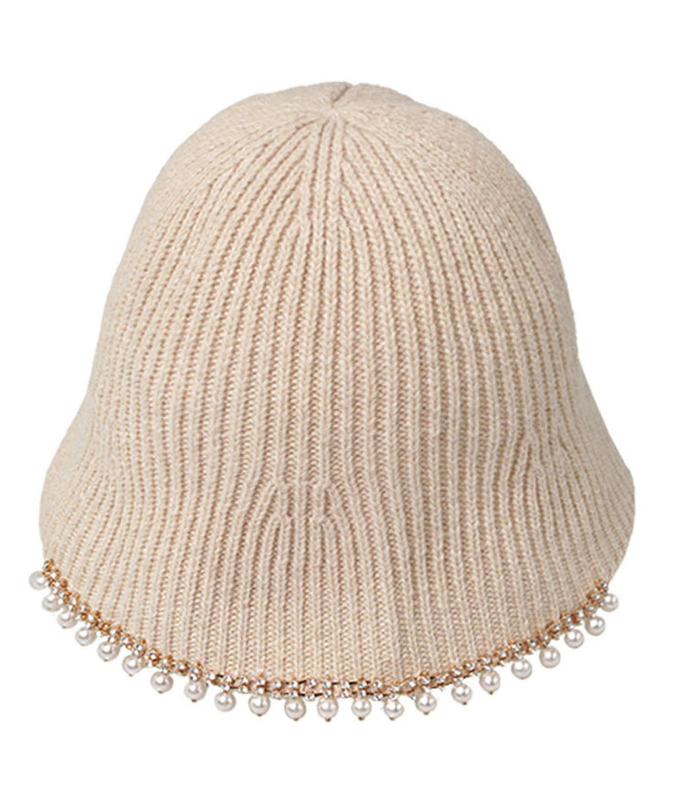 DIY Beige Zircon Pearl Knit Bucket Hat