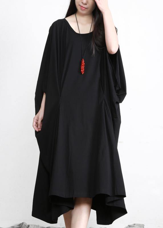 DIY Black Asymmetric Cotton Long Dress O Neck - SooLinen