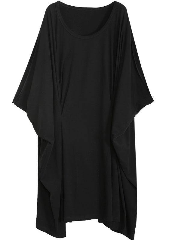 DIY Black Asymmetric Cotton Long Dress O Neck - SooLinen