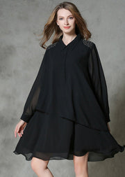 DIY Black Asymmetrical Design Rivet Chiffon A Line Dresses Spring