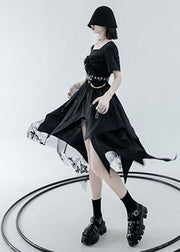 DIY Black Asymmetrical Design Tulle Patchwork Cotton Vacation Dress Summer