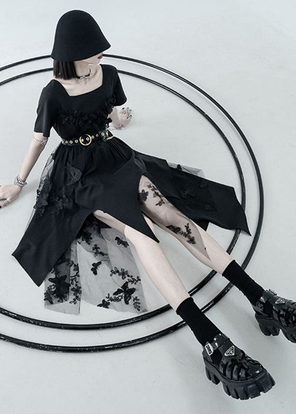DIY schwarzes asymmetrisches Design Tüll Patchwork Baumwolle Urlaubskleid Sommer
