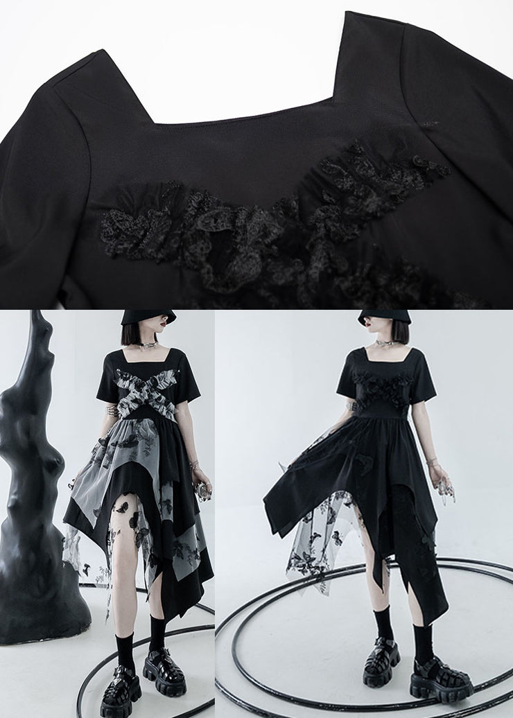 DIY schwarzes asymmetrisches Design Tüll Patchwork Baumwolle Urlaubskleid Sommer