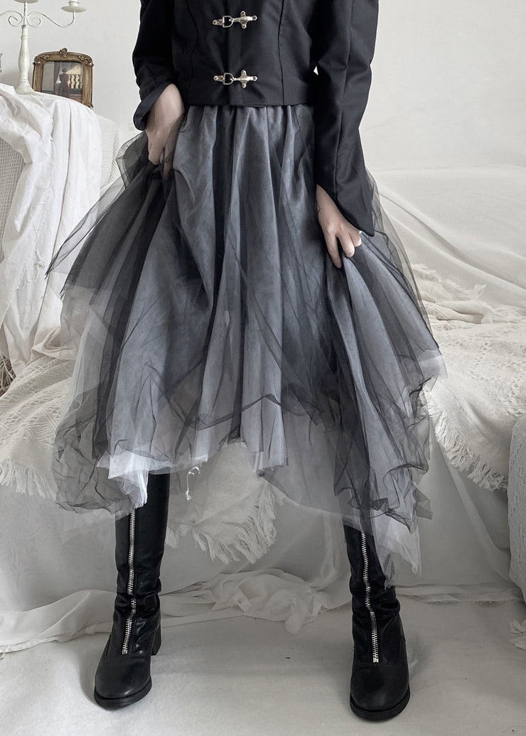 DIY Black Asymmetrical Wrinkled Solid Tulle A Line Skirt Fall