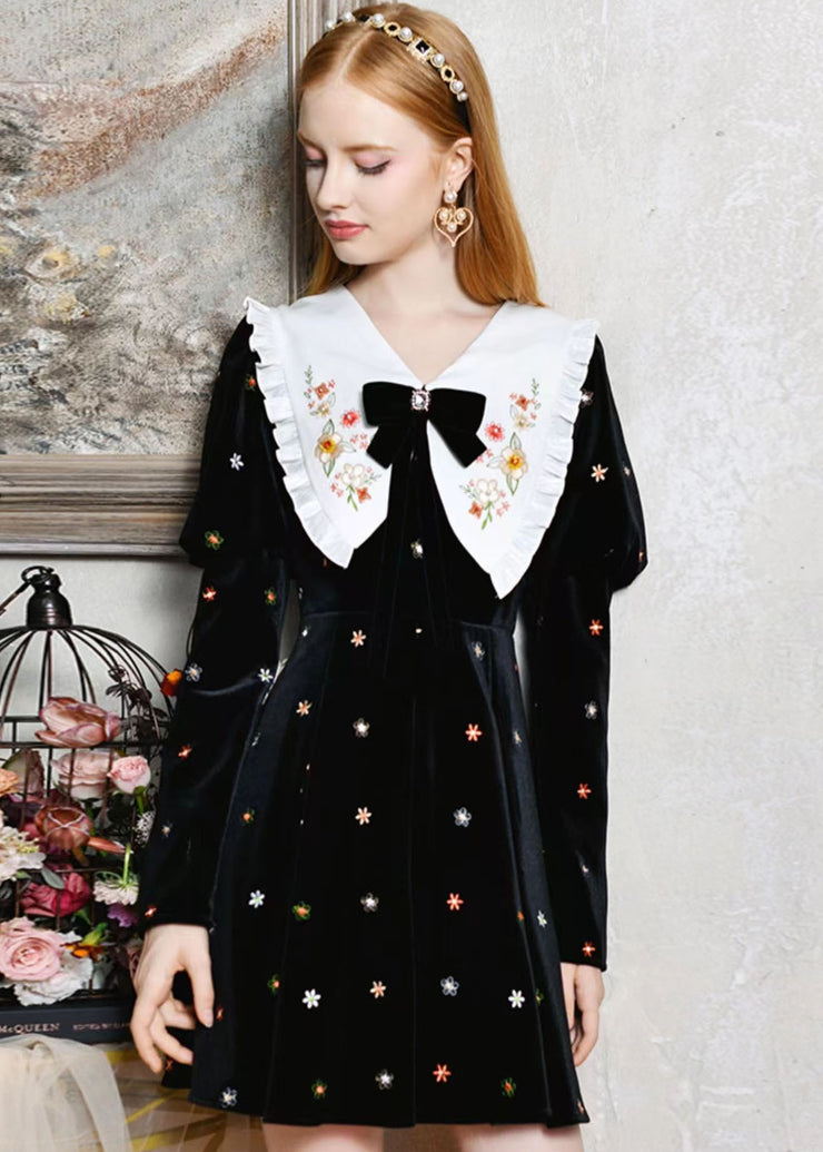 DIY Black Bow Collar Embroidered Silk Velour Dresses Spring