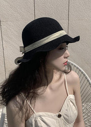 DIY Black Bow Patchwork Straw Woven Bucket Hat