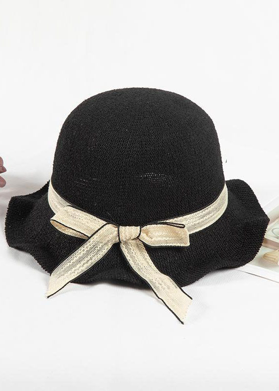 DIY Black Bow Patchwork Straw Woven Bucket Hat