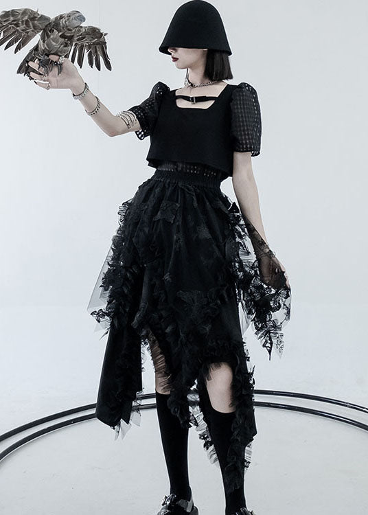 DIY Black Elastic Waist Asymmetrical Design Ruffled A Line Skirts Summer