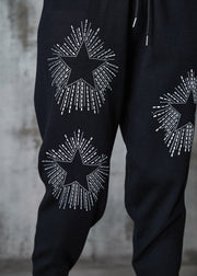 DIY Black Elastic Waist Zircon Cotton Harem Pants Spring