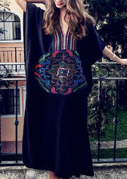 DIY Black Embroidered Batwing Sleeve Beach Gown Party Dress Summer