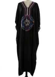 DIY Black Embroidered Batwing Sleeve Beach Gown Party Dress Summer