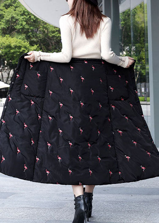 DIY Black Embroidered Button Fine Cotton Filled Skirt Winter