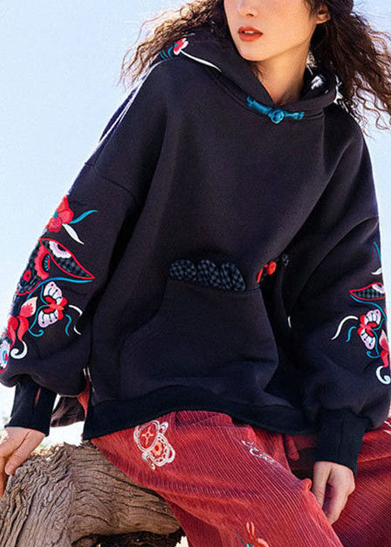 DIY Black Embroidered Pockets Warm Fleece Pullover Streetwear Spring