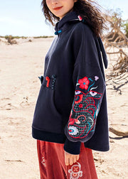 DIY Black Embroidered Pockets Warm Fleece Pullover Streetwear Spring