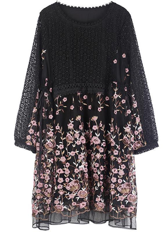DIY Black Embroidery Lace Patchwork Summer Ankle Dress - SooLinen