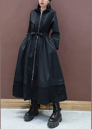 DIY Black Embroidery Plus Size Tunic Coats Inspiration Hooded Spring Coat - SooLinen
