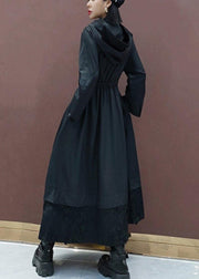 DIY Black Embroidery Plus Size Tunic Coats Inspiration Hooded Spring Coat - SooLinen