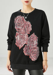 DIY Black Floral Oversized Cotton Pullover Streetwear Spring