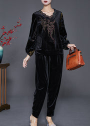 DIY Black Hollow Out Zircon Silk Velour 2 Piece Outfit Fall