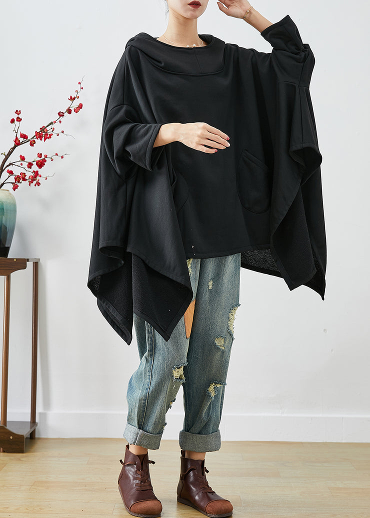 DIY Black Hooded Oversized Asymmetrical Exra Large Hem Cotton Sweatshirts Top Summer