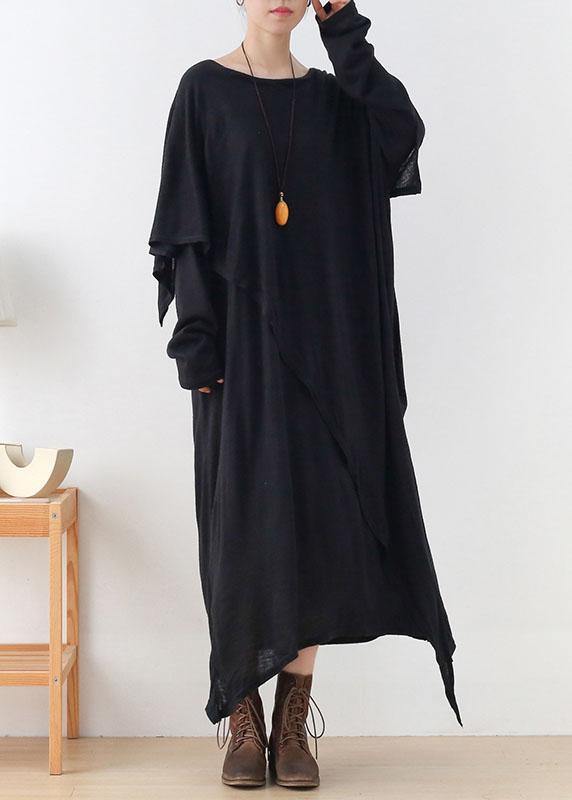 DIY Black Loose Asymmetrical Design Fall Cotton Long Sleeve Dresses - SooLinen