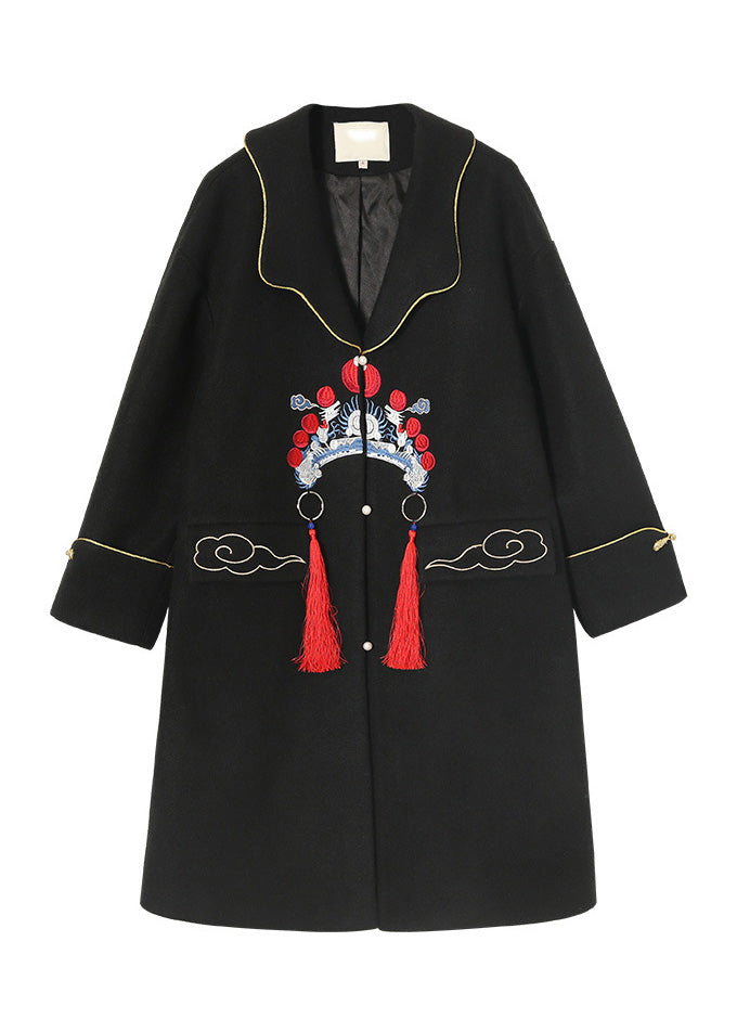 DIY Black Notched Embroidered Button Woolen Trench Coats Winter
