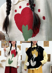 DIY Black O-Neck Floral Knit Waistcoat Fall