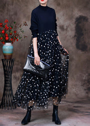 DIY Black O-Neck Knit Patchwork Tulle Maxi Dress Long Sleeve