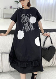 DIY Black O Neck Print Maxi Dress Short Sleeve - SooLinen