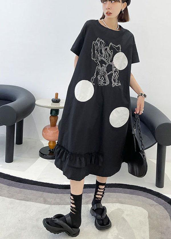 DIY Black O Neck Print Maxi Dress Short Sleeve - SooLinen
