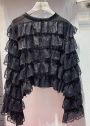 DIY Black O Neck Ruffled Layered Patchwork Lace Blouses Long Sleeve