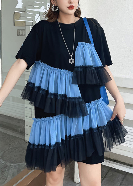DIY Black O-Neck Wrinkled Tulle Patchwork Vacation Mid Dress Short Sleeve
