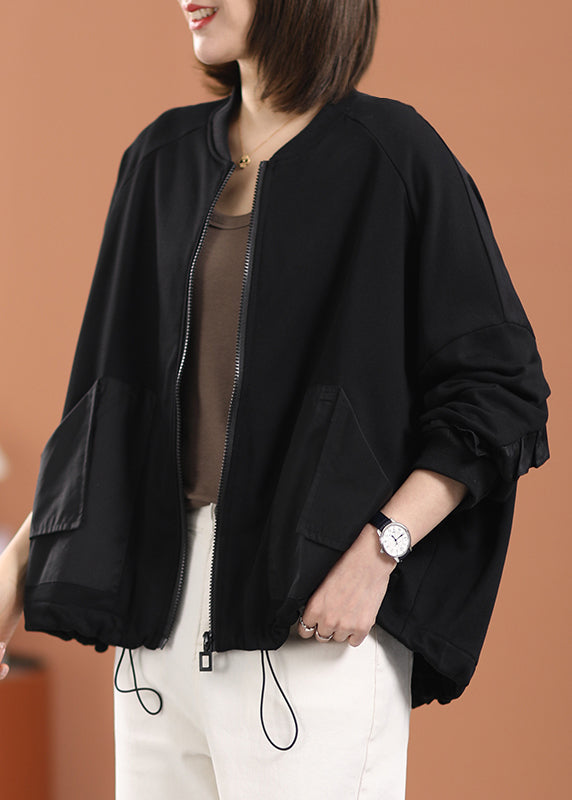 DIY Black O-Neck Zippered Pockets Cotton Coats Long Sleeve