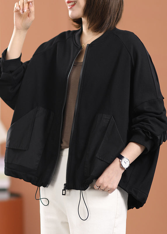 DIY Black O-Neck Zippered Pockets Cotton Coats Long Sleeve